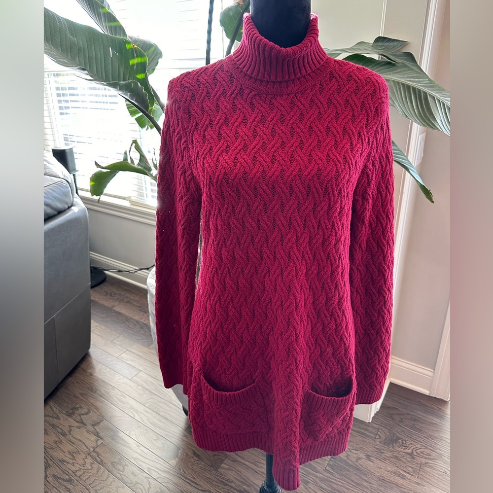 JEANNE PIERRE Cable-Knit Fisherman Tunic Sweater BURGUNDY/REDish Women Size L